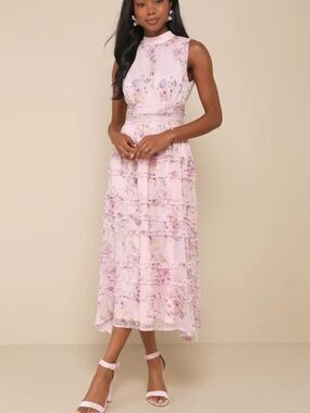 Lulu's Blush Pink Floral Ruffled Midi Dress